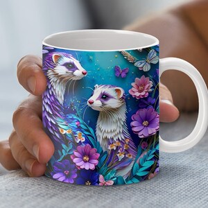Ferret 3D Mug Wrap Design, Quilled Paper Art Style, Digital Download PNG File, 11 and 15 oz Mug Design, Floral Animal Art