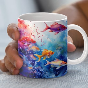 Vibrant Watercolor Fish Mug Design, Digital Download PNG File, 11 and 15oz Mug Wrap Art, Underwater Scene, Colorful Fish Art