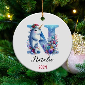 Personalized Ceramic Christmas Ornament: Custom Name Initial, 2024 Keepsake