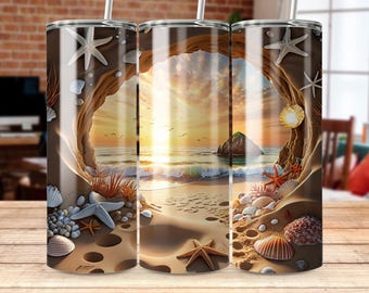 Diseño de sublimación para vaso "Atardecer en la playa": Envoltura recta y cónica (Descarga instantánea)