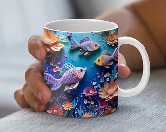 Envoltura de taza con diseño floral de pez 3D: Diseño artístico en papel filigranado (descarga digital)