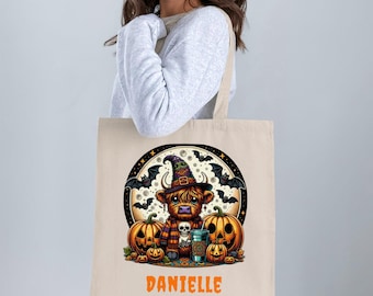 Halloween Highland Cow Tote Bag: Spooky Pumpkin & Bat Design, Personalized