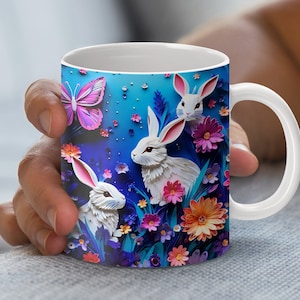Emballage de tasse 3D, art en papier piquant, conception de tasse lapin et papillon, fichier png à téléchargement numérique floral, conceptions de tasse de 11 et 15 oz
