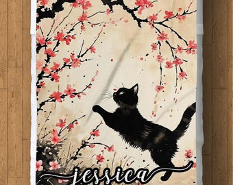 Manta polar personalizada de gato negro: Árbol de cerezo en flor, acogedora manta