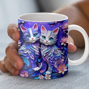 Design d'emballage de tasse de fleurs de chat fantaisiste, art sur papier piquant, téléchargement d'art numérique, 11 & 15 oz, cadeau pour les amoureux des chats