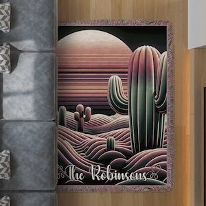 Sonnenuntergang Kaktus Decke, anpassbarer Wüstendesignwurf, lebendiges Sonnen- und Kakteenmuster, personalisiertes gemütliches Deckengeschenk