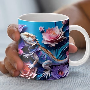 3D Mug Wrap Design, Digital Download PNG, Quilled Paper Art Mug Design, 11 and 15 oz Mug Wrap, Lizard and Flower Art
