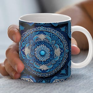 11oz and 15oz Mug Template, Mug Sublimation Design, Mug Wrap Template, Instant Digital Download PNG, Blue Ornamental Flower Pattern