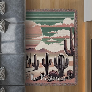Benutzerdefinierte personalisierte Wüste Sonnenuntergang Kaktus Decke Sun Illustration Decke, Boho Wüstenszene gemütliche einzigartige Wohnkultur