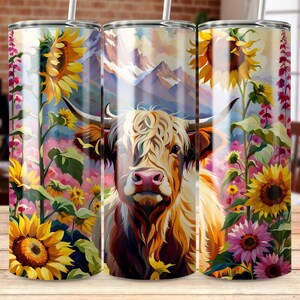 Highland Cow Sunflower Meadow 20 oz Tumbler Sublimation Design (PNG)