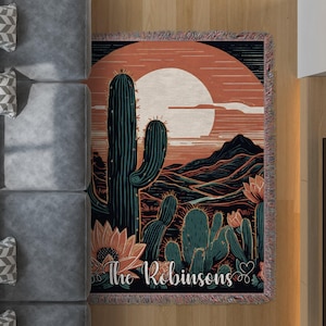 Custom Cactus Woven Blanket: Personalized Desert Sunset Throw