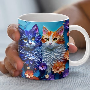 3D Cat Mug Wrap Design, Quilled Paper Art Mug Design, Digital Download PNG File, 11 oz and 15 oz Mug Wrap, Floral Cat Design