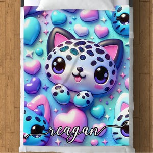 Personalized Fleece Blanket: Kawaii Cat & Hearts Design, Custom Name Gift