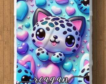 Personalized Fleece Blanket: Kawaii Cat & Hearts Design, Custom Name Gift