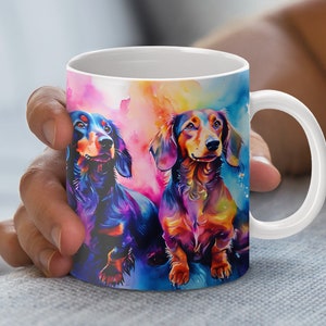 Bunter Dackel Hunde Becher Wrap Design, Aquarell Hund Digitaler Download, 11 Unze und 15 Unze Becher Design, PNG Datei zum Drucken
