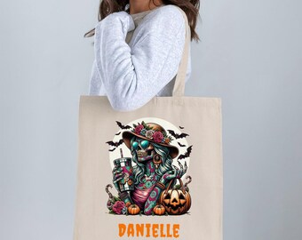 Gothic Zombie Tragetasche: Anpassbare Halloween Schultertasche mit Kürbis Motiv