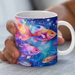 Watercolor Fish Mug Wrap Design: Colorful Ocean Theme (Digital Download)