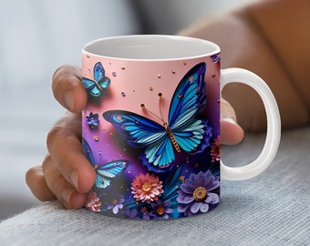 Elegante tazza con farfalla 3D / Design floreale blu / Download immediato, tazza da 11 e 15 once