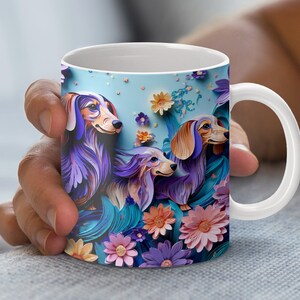 3D Cute Dachshund Mug Wrap Design, Floral Dog Digital Download, Dachshund 11oz 15oz Mug Design, PNG File for Sublimation, Pet Lover Mug