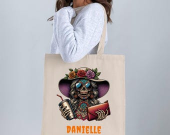 Floral Sugar Skull Tote Bag, Day of the Dead, Personalized Halloween Bag