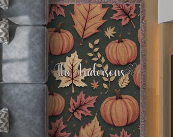 Personalized Fall Blanket, Pumpkin Autumn Leaves, Custom Woven Decor