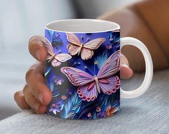 Diseño de envoltura para taza con diseño floral de mariposa: Tazas de 325 ml y 450 ml (Descarga digital)