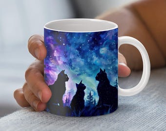 Diseño de taza de noche estrellada con gatos y galaxia: Plantilla de sublimación (descarga digital)
