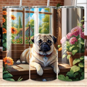 Cute Pug Tumbler Wrap Design, Summer Garden, Cartoon Dog Mug Art, Floral Background Tumbler Png, Instant Download, 20 oz Skinny