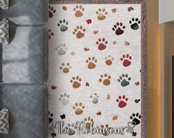 Custom Paw Print Blanket: Personalized Pet Throw, Cozy Cotton Woven Blanket