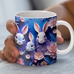 Adorable Bunny & Floral Mug Wrap, Quilled Paper Art Design, Cute Rabbit, Digital Download, Sublimation PNG, 11-15 oz