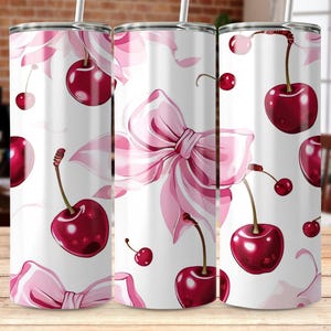 Coquette and Cherry Tumbler Wrap Digital Art for 20 oz Skinny Tumbler Sublimation - Cute Pink Coquette Bows and Red Cherries Pattern,