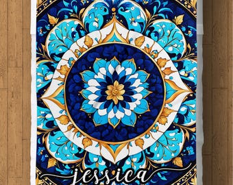 Manta polar personalizada: manta con estampado azul y dorado