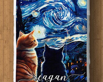 ゴッホの星月夜黒猫ブランケット、星月夜フリースフランネルスロー