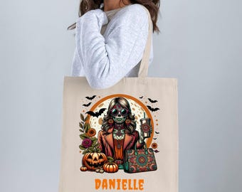 Bolsa de mano con calavera de azúcar para Halloween, diseño de mandala gótico de calabaza personalizado