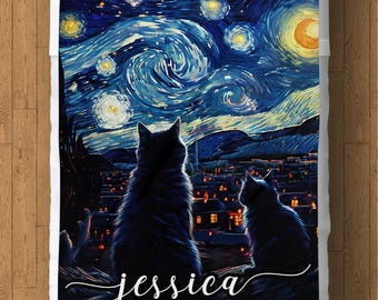CAFU アート ラグ マット ブランケット ゴブラン ゴッホ 星月夜 芸術 ゴッホの星月夜黒猫ブランケット、星月夜フリースフランネルスロー