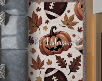 Personalized Autumn Woven Throw Blanket, Pumpkin Football Fall Decor