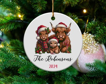Adorno navideño familiar de vacas de las Tierras Altas personalizado: recuerdo personalizado
