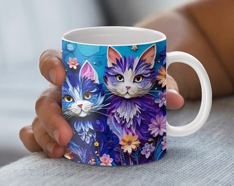 Envoltura de taza con diseño de gato en filigrana: Diseño floral 3D (Descarga digital)