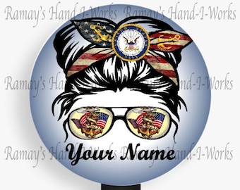 Personalized Navy Messy Bun Badge Reel, Patriotic Carabiner or Lanyard ID Holder