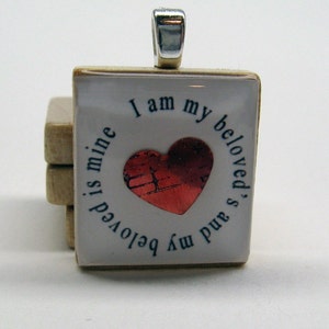 I am my beloved's and my beloved is mine Scrabble tile with hand-colored copper heart image 1