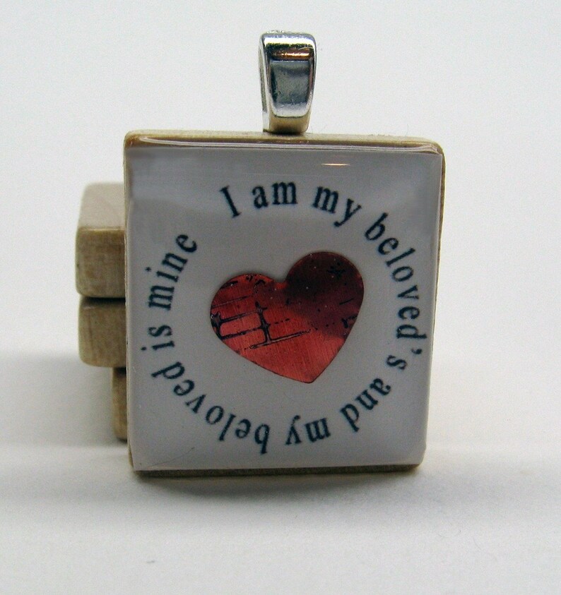 I am my beloved's and my beloved is mine Scrabble tile with hand-colored copper heart image 1