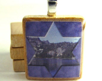 Star of David framing Pacific Northwest lake reflection- Scrabble tile pendant