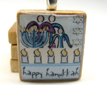 Chanukah - Hanukkah -  Scrabble tile pendant - A gathering of family