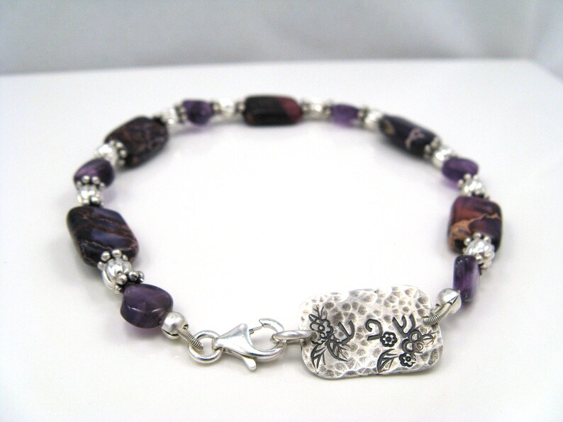 Affirmation bracelet shefa abundance purple amethyst and sterling silver Jewish jewelry Hebrew bracelet image 1