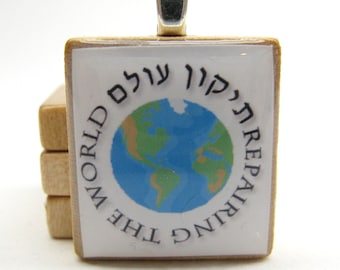 Tikkun Olam - Repairing the World - Hebrew Scrabble tile pendant with globe