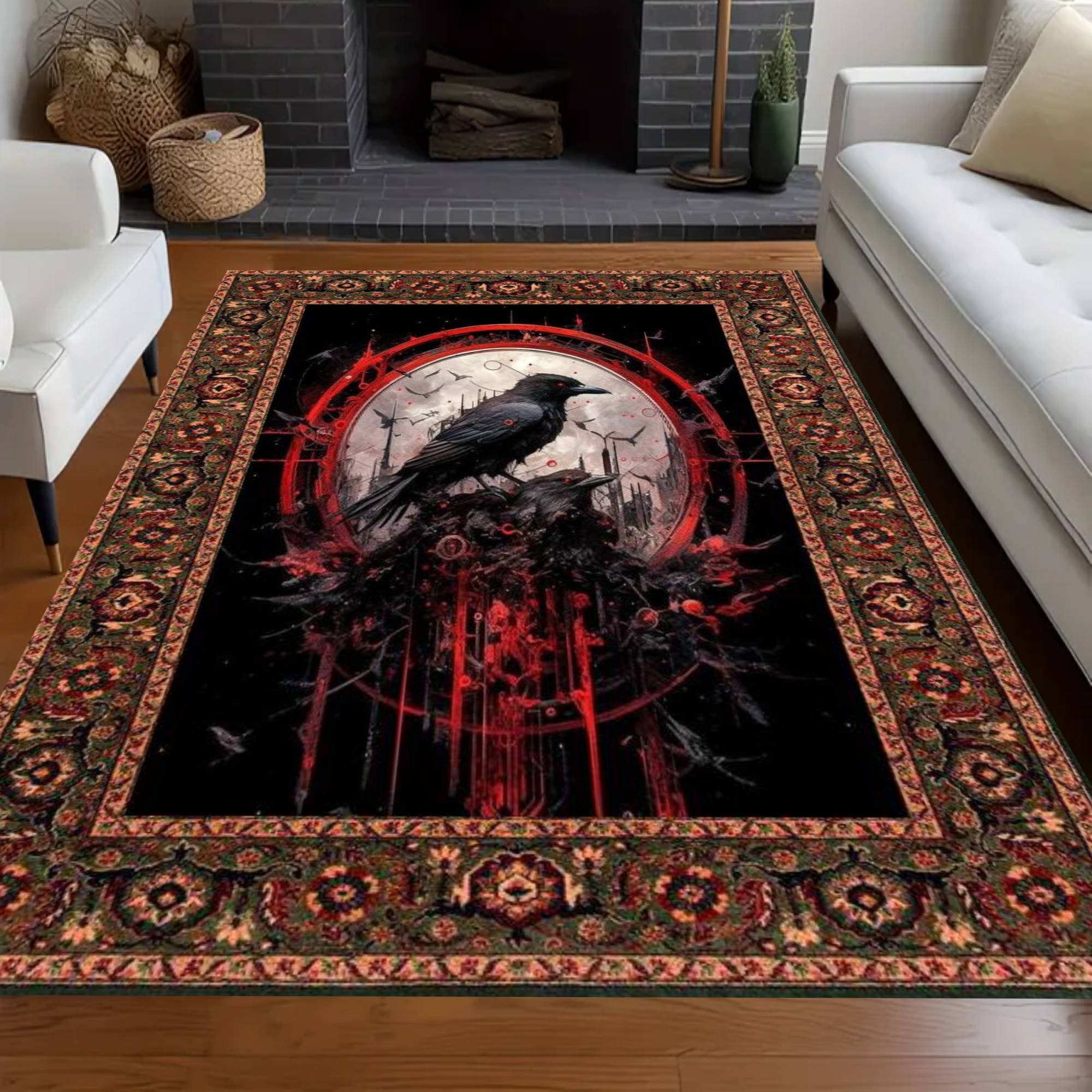 Crow Figured Rug, Vintage Theme Rug, Black Bird Rug, Gothic Teppich ...