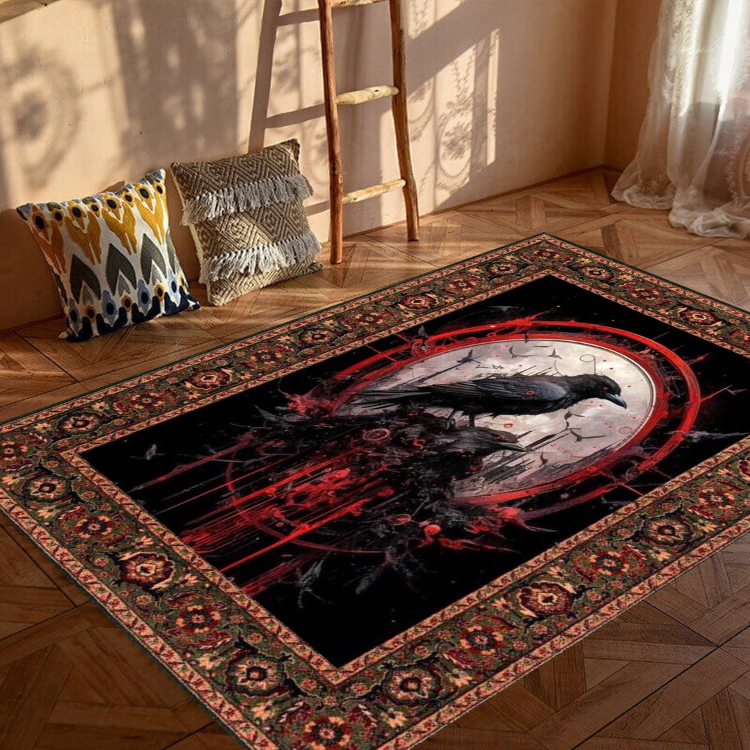 Crow Figured Rug, Vintage Theme Rug, Black Bird Rug, Gothic Teppich ...