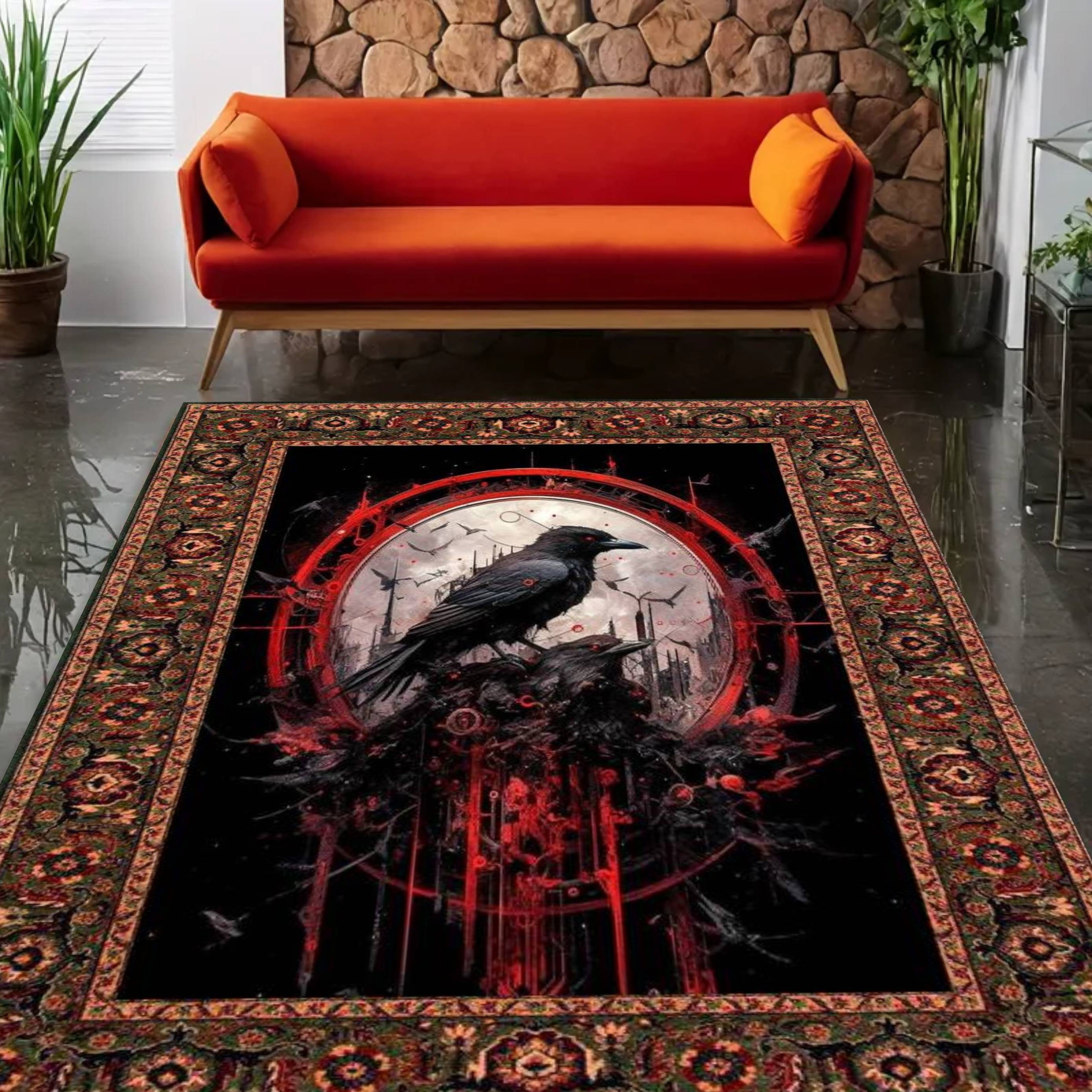 Crow Figured Rug, Vintage Theme Rug, Black Bird Rug, Gothic Teppich ...