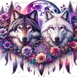 Pode incluir: Dois lobos com olhos roxos e azuis, cercados por um apanhador de sonhos e flores roxas, cor-de-rosa e brancas. O fundo é uma aquarela de roxo e azul.
