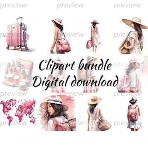 Girly Travel Clipart, Asiatisch Ethnizität, Rosa Clip Art, Aquarell Traveller Girl, Feminine Reise PNG, Chic Travel Art, Kokette Design Sommer